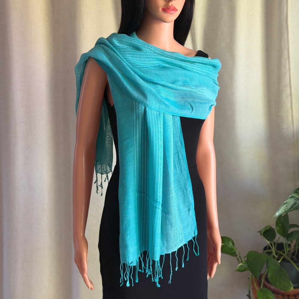 Turquoise Blue Rayon Viscose Striped Wrap Scarf with Tassel Fringe Made in India